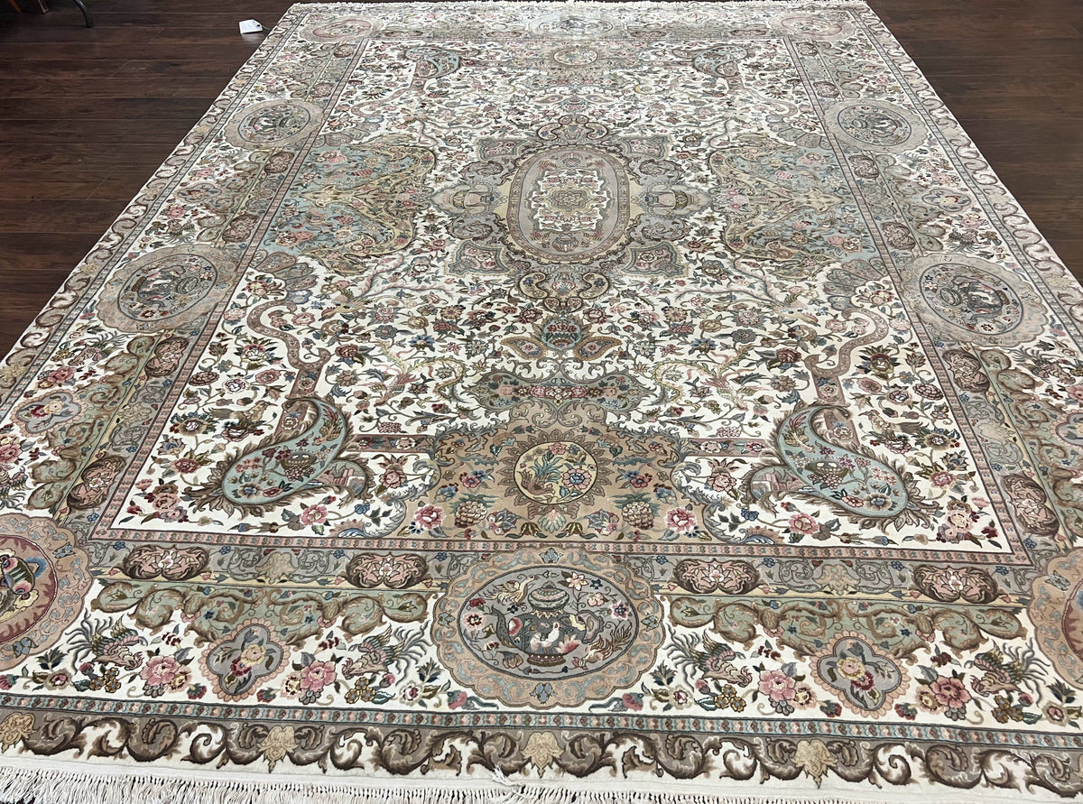 Sino Persian Rug 9x12, Wool on Silk Foundation Hand Knotted Ivory Vintage Carpet, Birds Design, Very Fine Room Sized Floral Oriental Rug - Jewel Rugs
