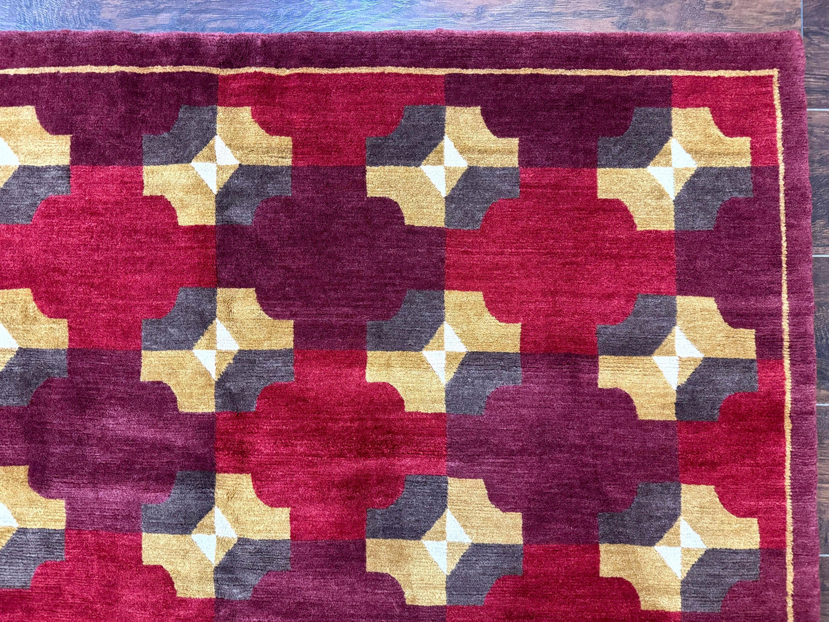 Modern Tibetan Rug 5 x 6.8, Wool, Red, Allover Pattern, Nepali Rug, Abstract Rug, Handmade Area Rug - Jewel Rugs, view 7