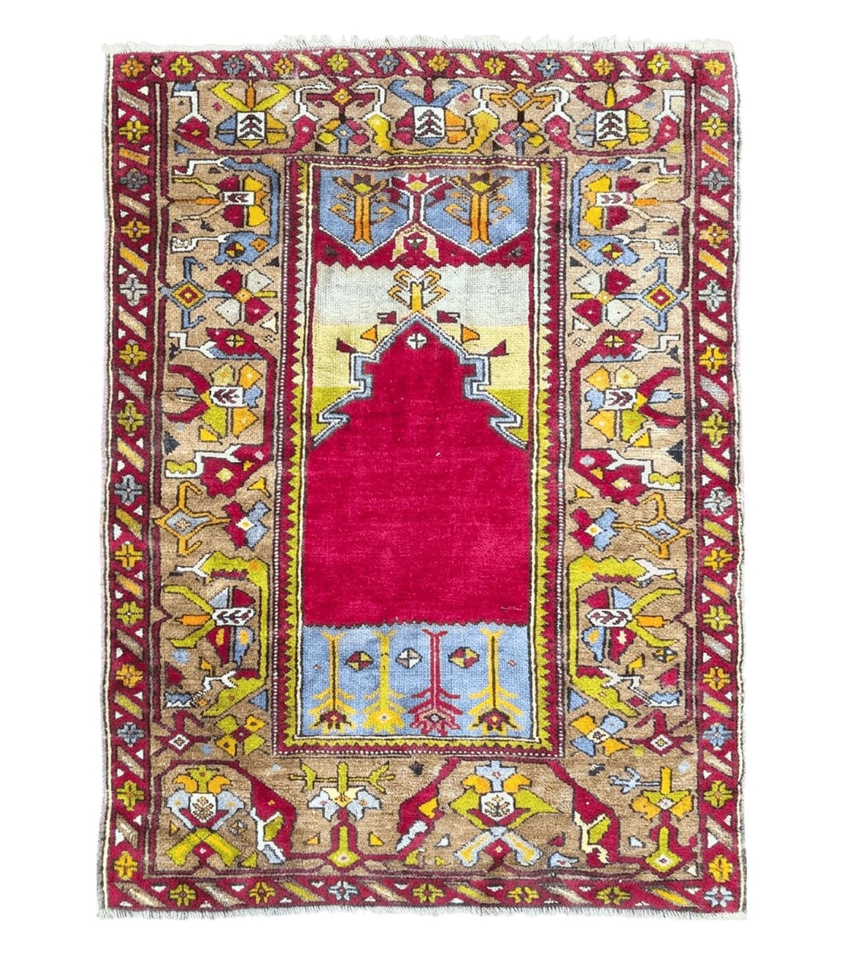 Antique Turkish Prayer Rug 3.8 x 5ft, Colorful Prayer Rug, Red Blue Gold Multicolor Turkish Anatolian Carpet, Handmade Hand-Knotted, Wool - Jewel Rugs