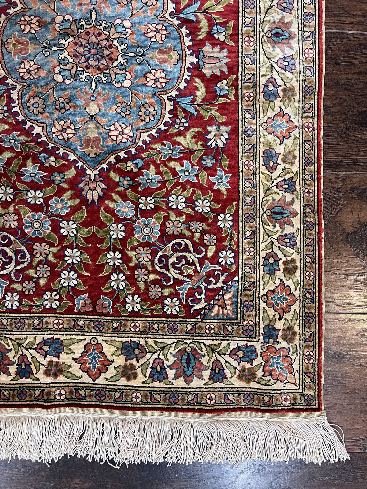 Silk Turkish Kayseri Rug 2x3, Small All Silk Turkish Carpet, Red and Light Blue, Very Fine Hand Knotted Semi Antique Vintage Handmade Rug - Jewel Rugs, view 9
