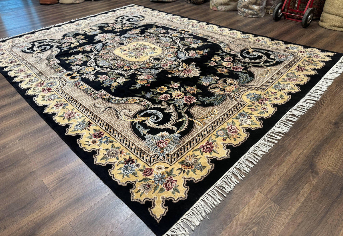 Aubusson Rug 9x12, Black and Beige, Floral, Elegant Handmade French European Design Carpet - Jewel Rugs, view 13