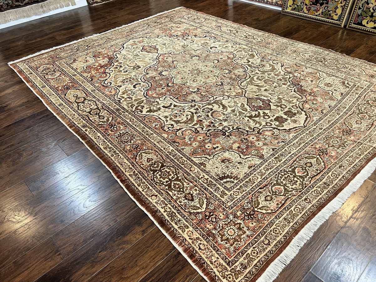 Antique Persian Tabriz Rug 10x12, Wool Hand Knotted Oriental Carpet, Beige Light Red, Floral Medallion - Jewel Rugs, view 12