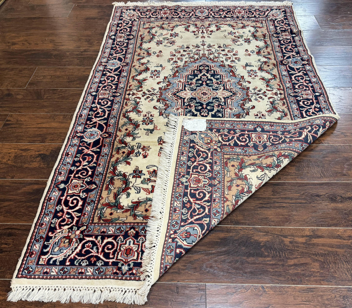 Indian Kashmiri Rug 4x6, Ivory Beige Navy Blue, Traditional Indo Persian Rug - Jewel Rugs, view 12