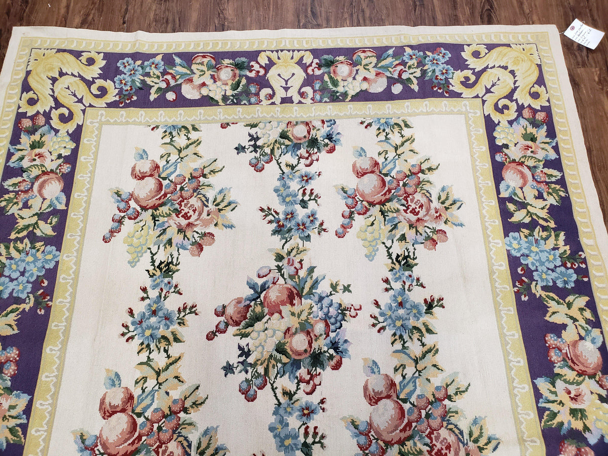 Vintage Chinese Floral Needlepoint Area Rug 6x9, Wool Hand-Woven Handmade Flatweave Rug, Ivory & Purple, Fruits Grapes Apples, Dining Room - Jewel Rugs, view 4