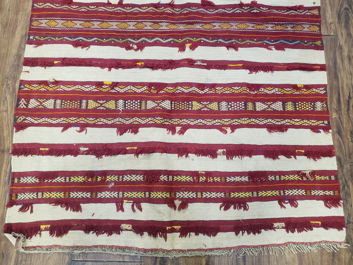 Antique Turkoman Yamud Rug 3x5 ft, 1920s Turkmen Sofreh Table Cover, Bohemian Rug, Tribal Collectible, Striped Rug, Handmade Ivory and Red - Jewel Rugs, view 6