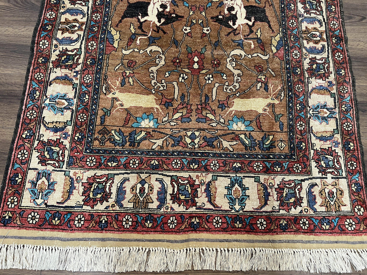 Unique Afghan Silk Rug 4x6, Hunting Pattern Animal Motifs, Light Brown and Cream, Persian Handwritten Poetry, Fine 1940s Oriental Carpet Wow - Jewel Rugs, view 7