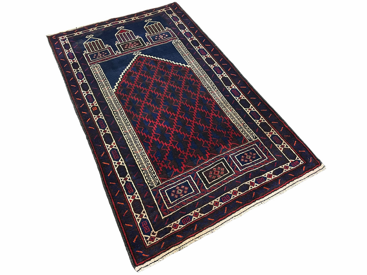 3x5 Vintage Handmade Tribal Wool Rug Balouchi Prayer Rug Afghan Rug Red Blue Wow - Jewel Rugs, view 12