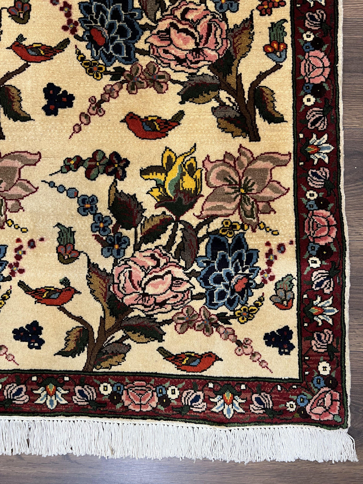 Persian Bidjar Rug 3.6 x 5 ft, Repeated Floral Motifs, Roses and Birds, Cream Burgundy, Fine Wool Oriental Bijar Carpet, Vintage Traditional Area Rug - Jewel Rugs, view 10