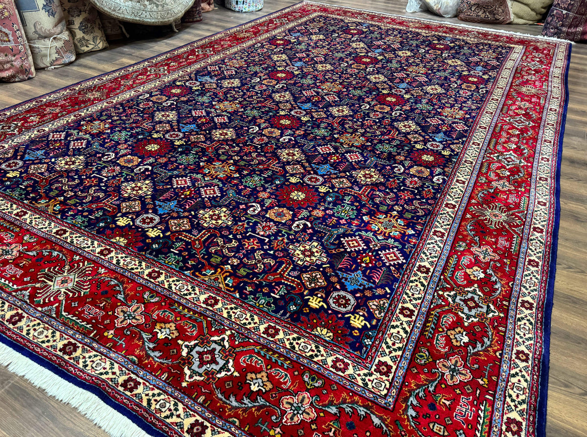 Large Persian Tabriz Rug 10x16, Navy Blue and Red, Allover Pattern, Vintage Hand Knotted Wool Carpet - Jewel Rugs, view 3