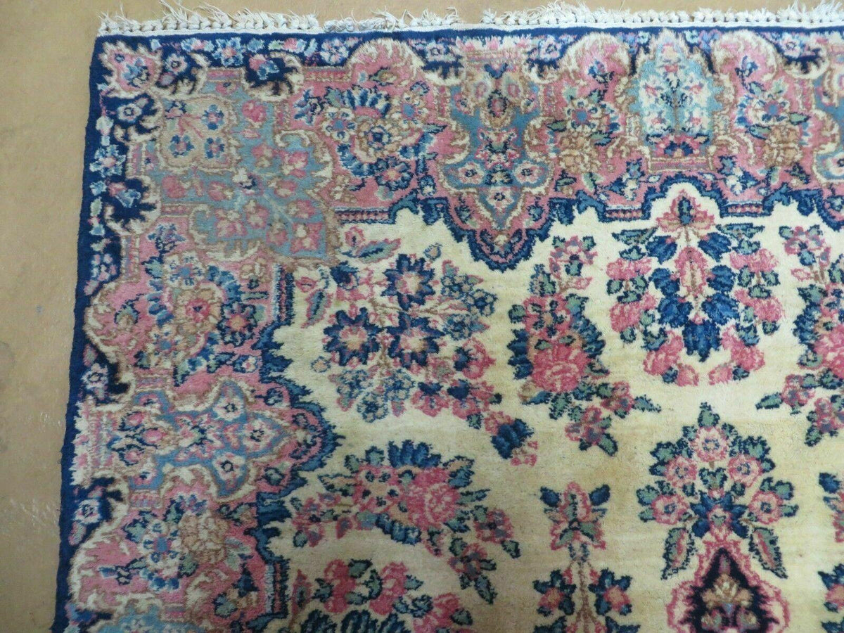 Antique Persian Kirman Rug 3.9 x 6.6, Floral Oriental Carpet, Ivory/Cream - Blue - Pink, Hand Knotted Wool Rug, Floral Medallion Rug 4x6 - Jewel Rugs, view 7