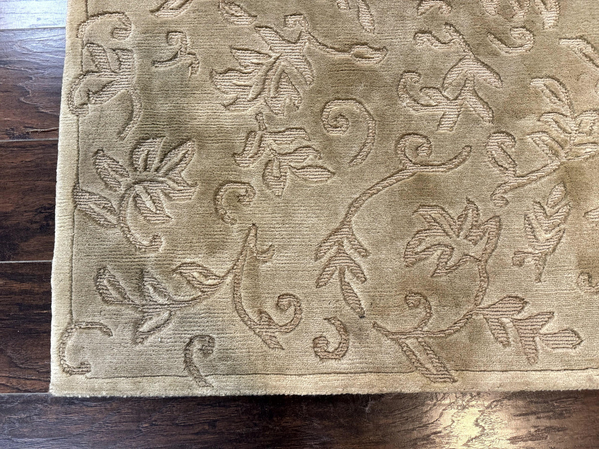 Modern Tibetan Rug 3.7 x 5.5, Carved Floral Design, Wool and Silk Highlights - Jewel Rugs, view 9