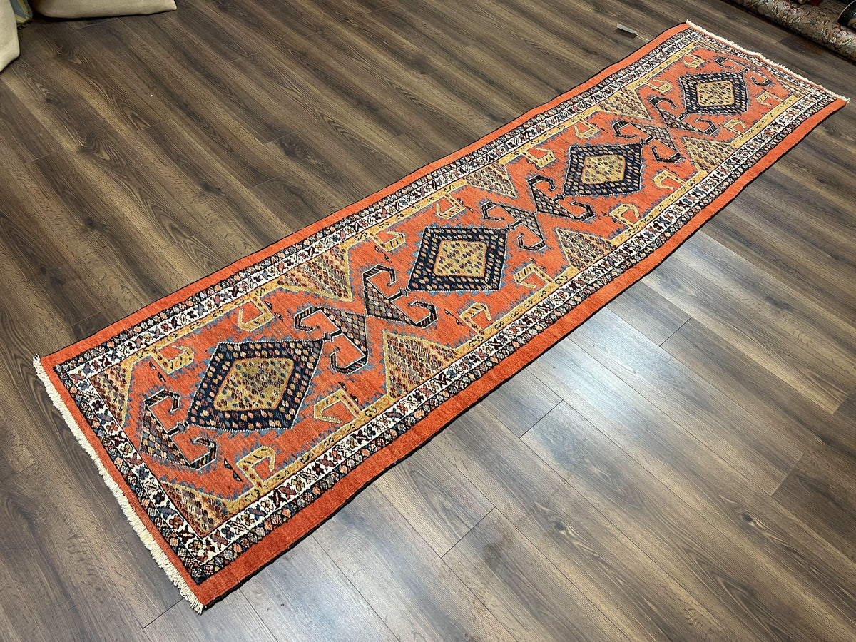 Rare Persian Tribal Runner Rug 3 x 11, Sarab Serab Persian Runner, Antique 1920s Collectible Geometric Medallions Oriental Wool Runner, Hand Knotted, Bright Orange-Red - Jewel Rugs, view 12