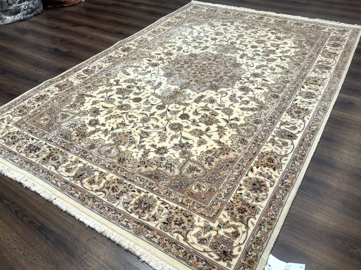 Sino Persian Rug 6x9, Floral Medallion, Ivory & Taupe, Wool with Silk Highlights, Fine 210 KPSI - Jewel Rugs, view 2