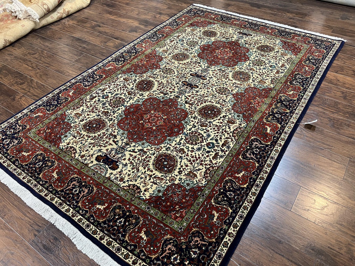Wonderful Sino Persian Rug 6x10 with Animal Pictorial Motifs, Cream Dark Red Navy Blue, Birds Gazelles, Two Medallions, Top Quality Handmade - Jewel Rugs, view 3
