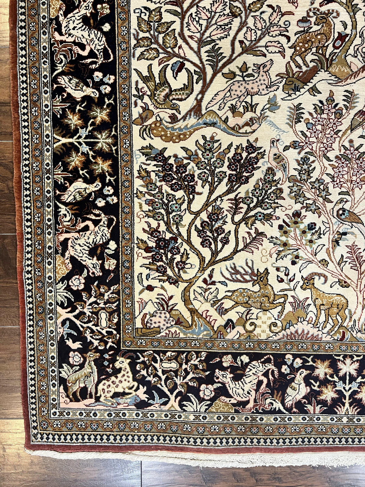 Persian Qum Tree of Life Rug 5x7, Wool and Silk Highlights, Animal Motifs, Vintage Hand Knotted Handmade Cream & Black Fine Oriental Carpet - Jewel Rugs, view 9