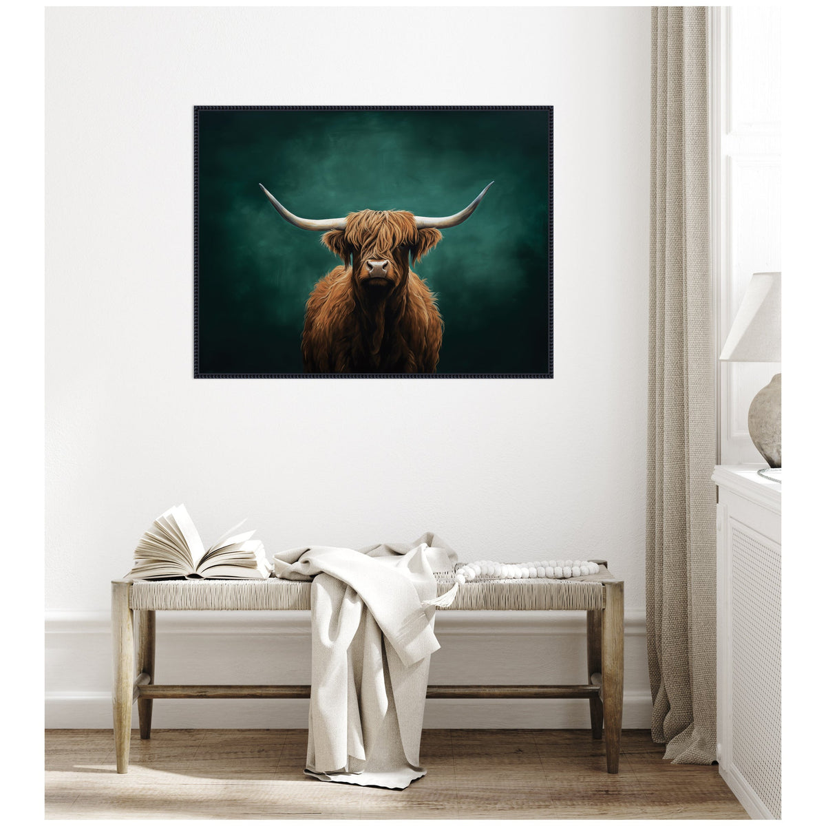 Highland Cow on Tonal Teal Green Abstract by The Creative Bunch Studio Framed Canvas Wall Art Print