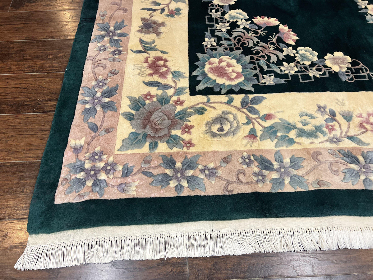 Chinese Art Deco Rug 9x12, Wool Hand Knotted Vintage Carpet, Dark Green & Cream, 90 Line Carving Rug - Jewel Rugs, view 9