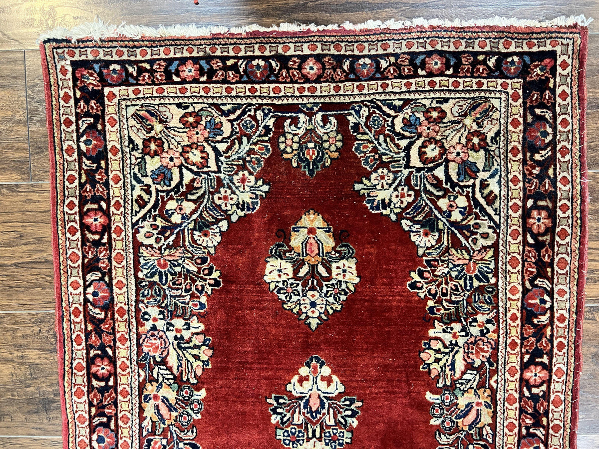 Persian Sarouk Runner Rug 2.7 x 6, Semi Open Field, Red, Handmade Hand Knotted, Wool Oriental Carpet, Vintage Semi Antique - Jewel Rugs, view 4