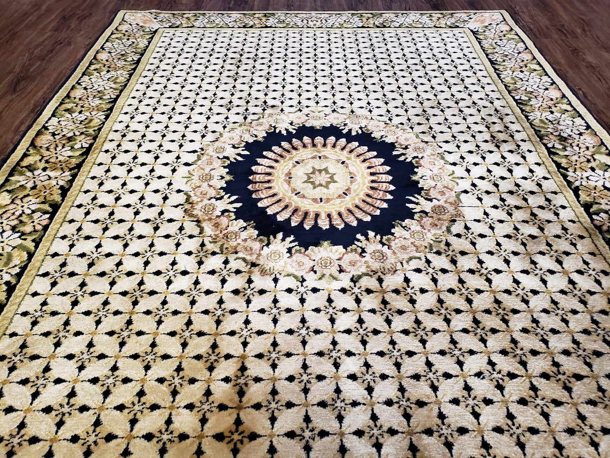 Indian Rug with Tibetan Weave, 6x8 - 6x9 Rugs, Indo-Tibetan Rug, Black and Cream Beige Tan, Floral Border, Soft Rug, Handmade Area Rug, Wool - Jewel Rugs, view 12