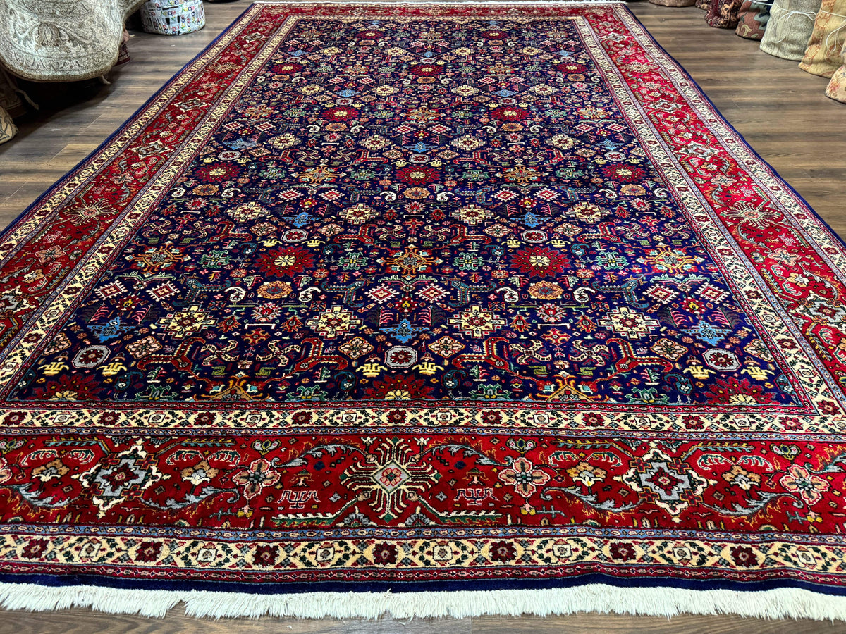 Large Persian Tabriz Rug 10x16, Navy Blue and Red, Allover Pattern, Vintage Hand Knotted Wool Carpet - Jewel Rugs, view 2