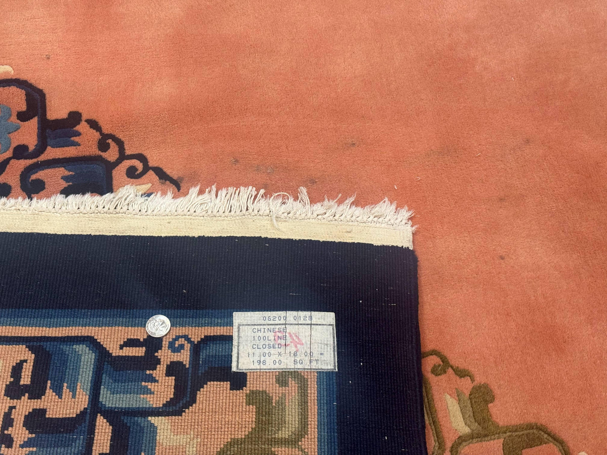 Chinese Wool Rug 11x18, Palace Sized Chinese Carpet, Peking Rug, Peach and Blue, Open Field, Simple Design, Art Deco Rug, Large Handmade Rug - Jewel Rugs, view 11