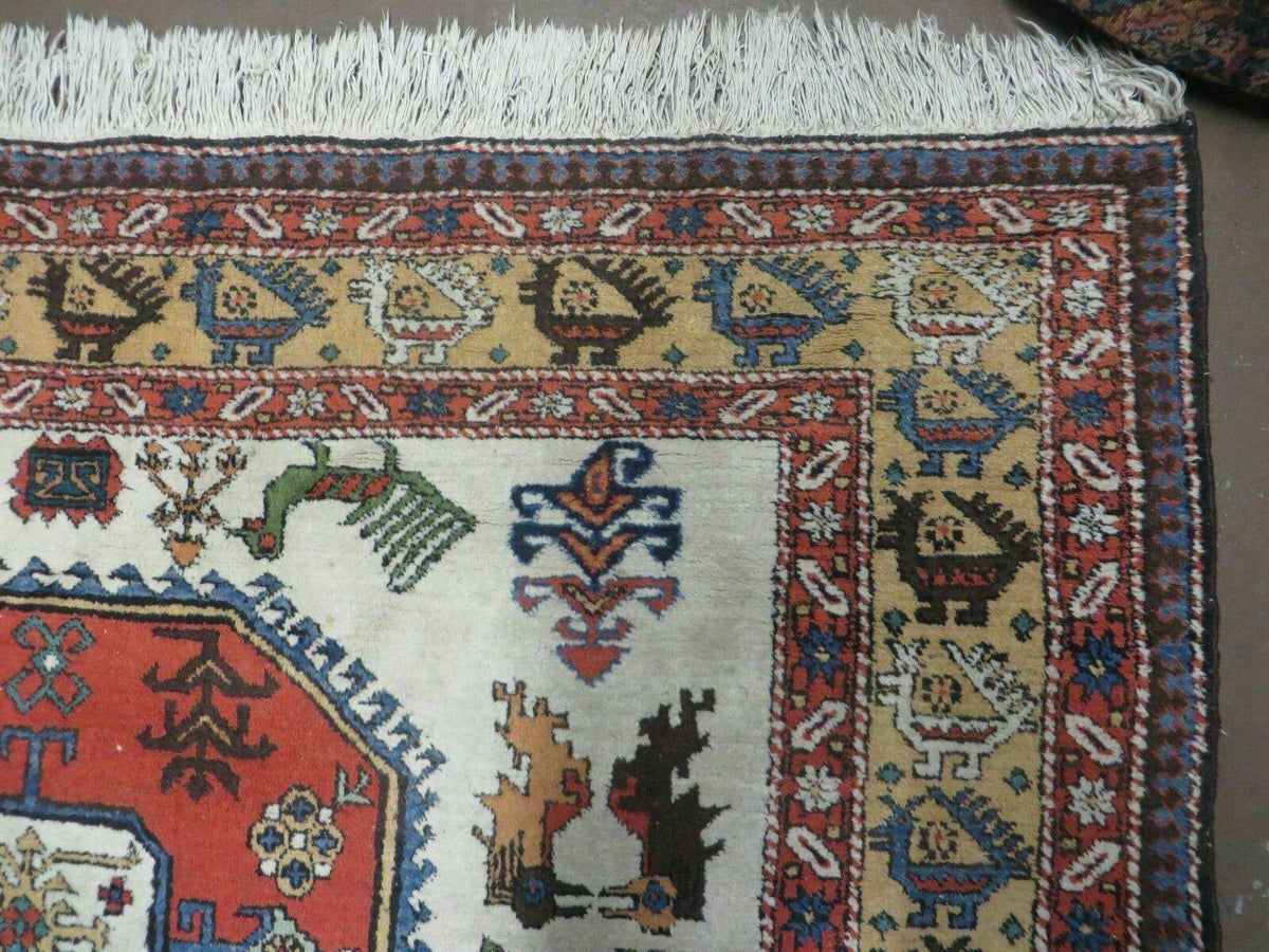 7' X 10' Vintage Handmade Knotted Turkish Wool Rug Birds Animal Ivory Organic - Jewel Rugs, view 8