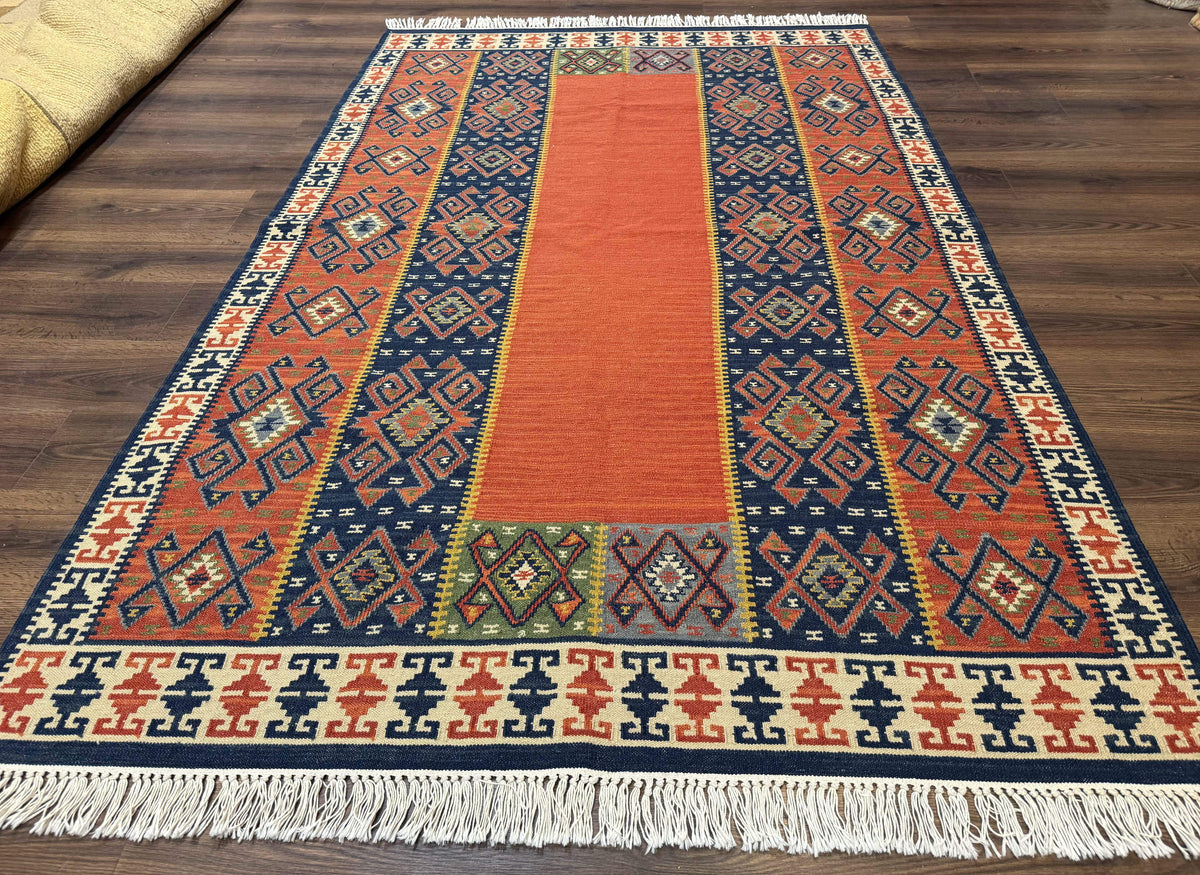 Turkish Kilim Rug 5x8, Flatweave Carpet, Handmade Bohemian Rug, Terracotta and Navy Blue - Jewel Rugs, view 2