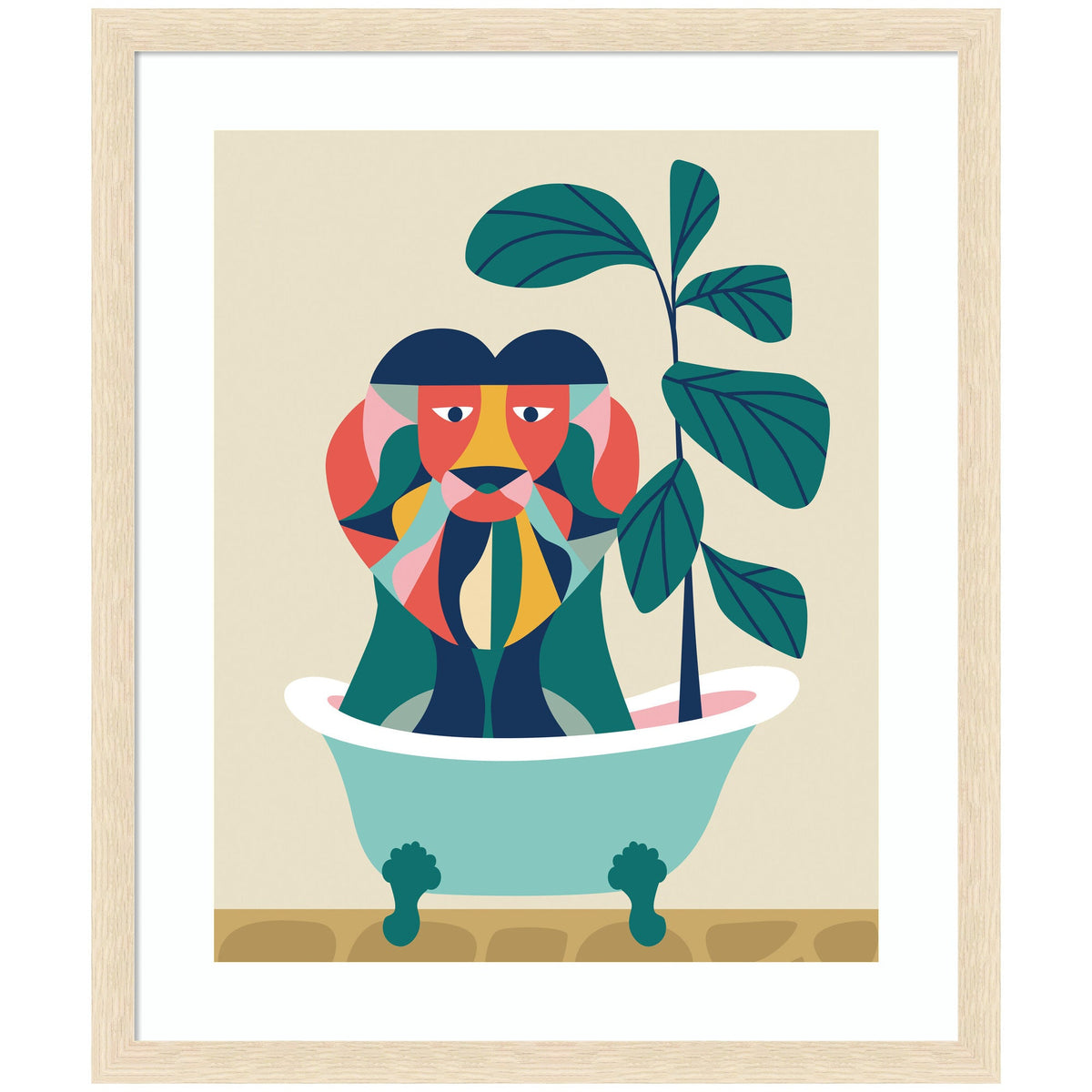 Framed Art Mid Century Modern Lion in Bathtub by Rachel Lee