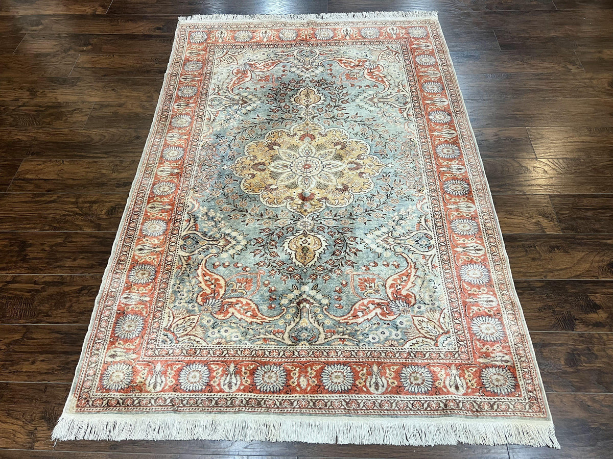 Silk Turkish Rug 5x7, Light Blue Silk Carpet, Floral Medallion, Turkish Kayseri Rug, Vintage Handmade Oriental Rug - Jewel Rugs, view 12