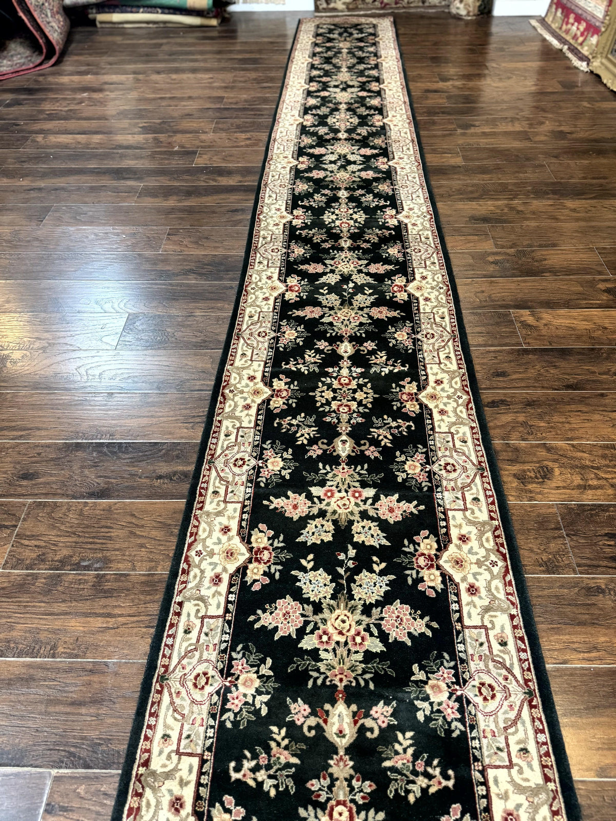 Long Pak Persian Runner Rug 2.7 x 21, Floral Allover, Dark Green and Beige, Handmade Wool Runner Rug, 21ft Runner for Hallway - Jewel Rugs, view 12
