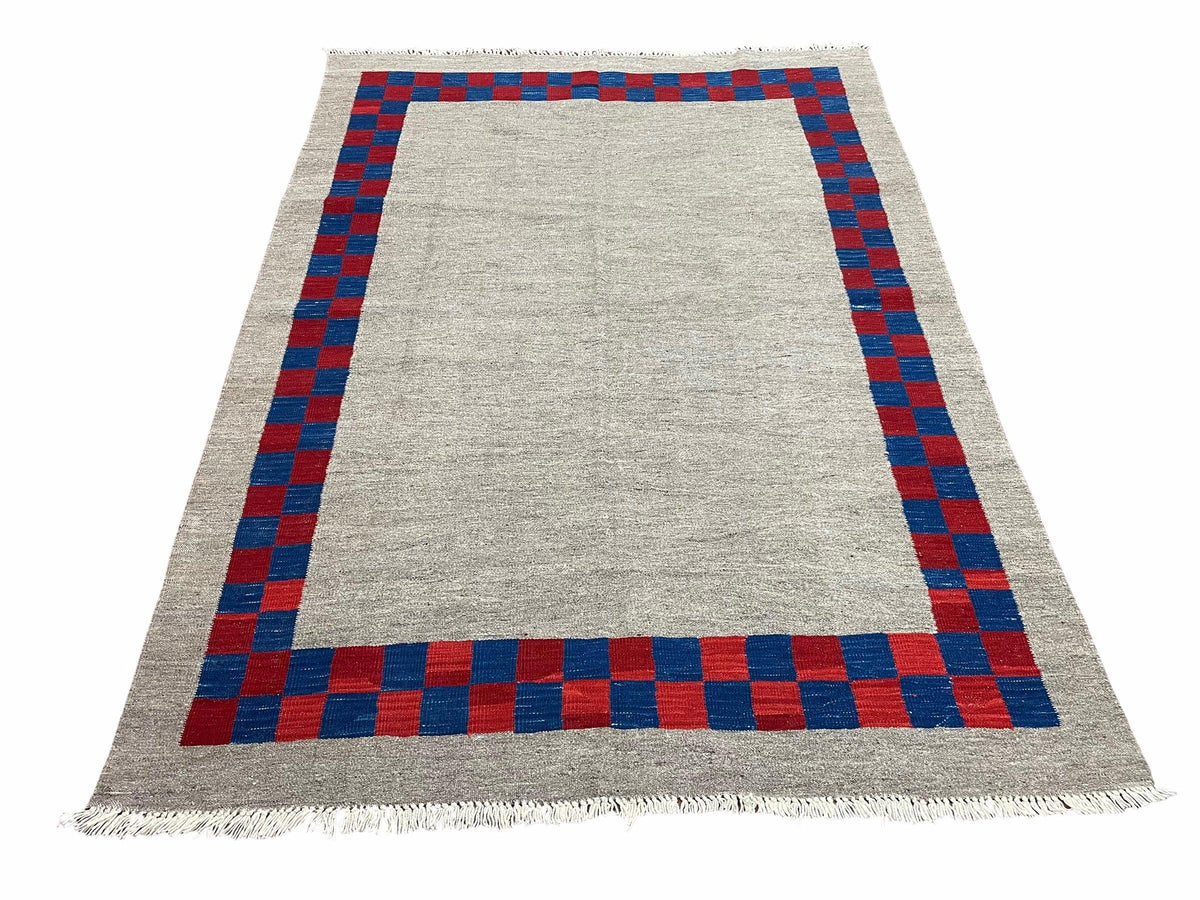 5' 7" x 7' 9" Geometric Kilim Carpet, Gray, Handmade, Hand-Knotted Area Rug, Blue & Red, Flatweave, Wool, New, Checkerboard Pattern - Jewel Rugs, view 13