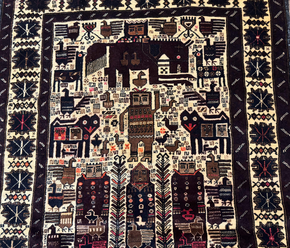 Persian Baluch Tribal Rug 4x6, Human and Bird Pictorials, Vintage, Wool, Collectible - Jewel Rugs, view 5