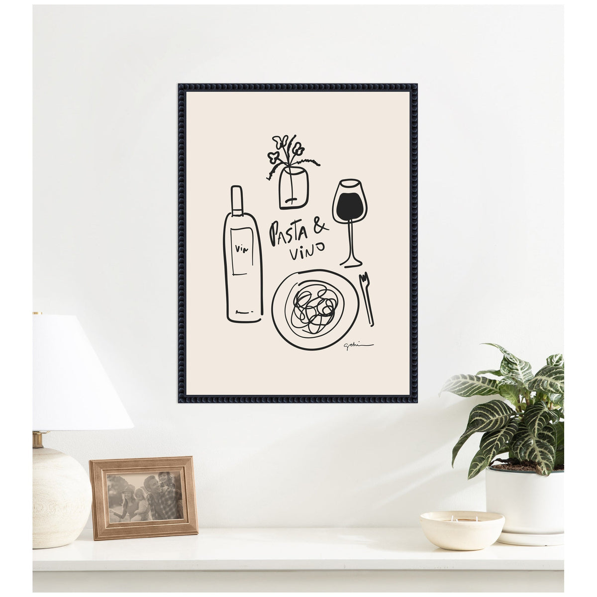 Pasta and Vino by Gabrielly Guedes Framed Canvas Wall Art Print