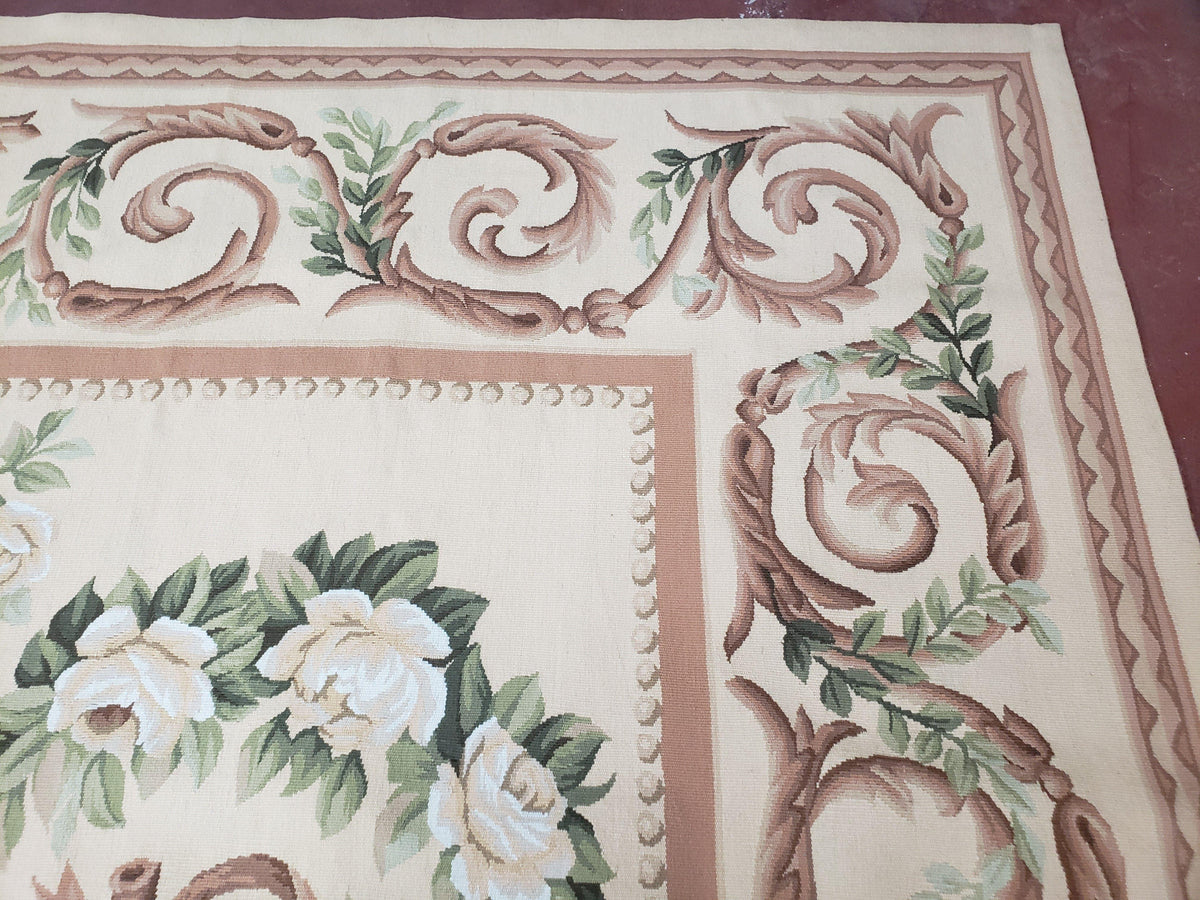 Elegant Aubusson Rug 10 x 14, Cream and Ivory Simple Aubusson Floral Carpet, Hand-Woven, European, New Aubusson Rug, Wool Area Rug, Violins - Jewel Rugs, view 8