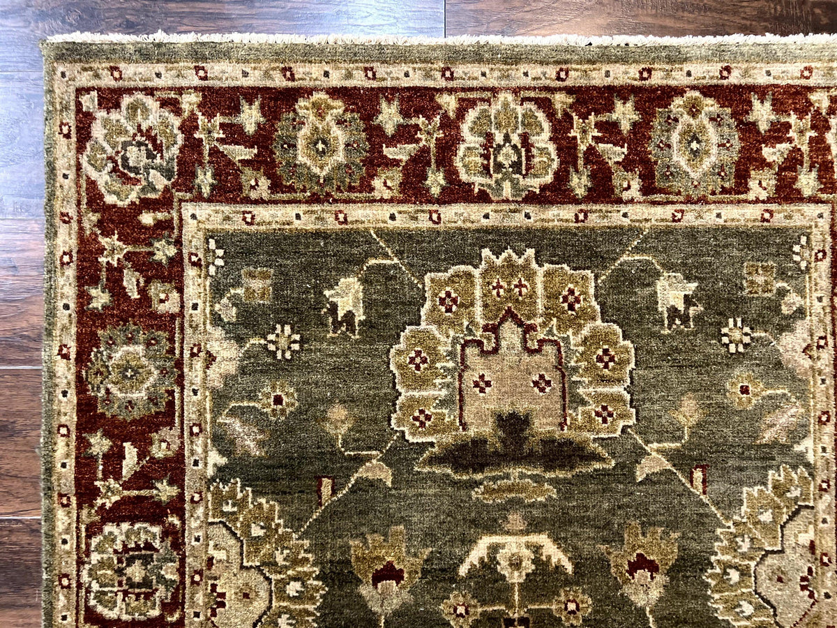 Indo Oushak Rug 4x6, Green and Maroon, Vintage Wool Floral Rug, Indian Agra Rug - Jewel Rugs, view 7