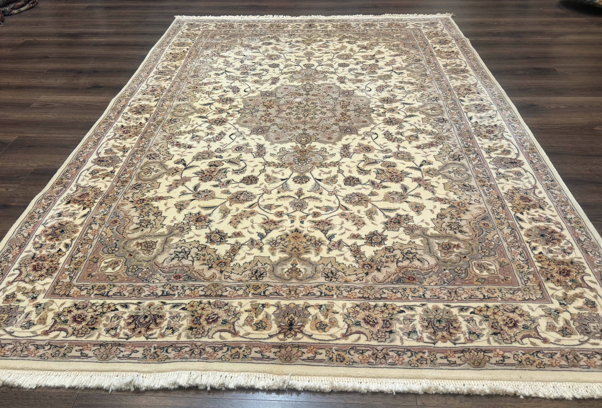 Sino Persian Rug 6x9, Floral Medallion, Ivory & Taupe, Wool with Silk Highlights, Fine 210 KPSI - Jewel Rugs