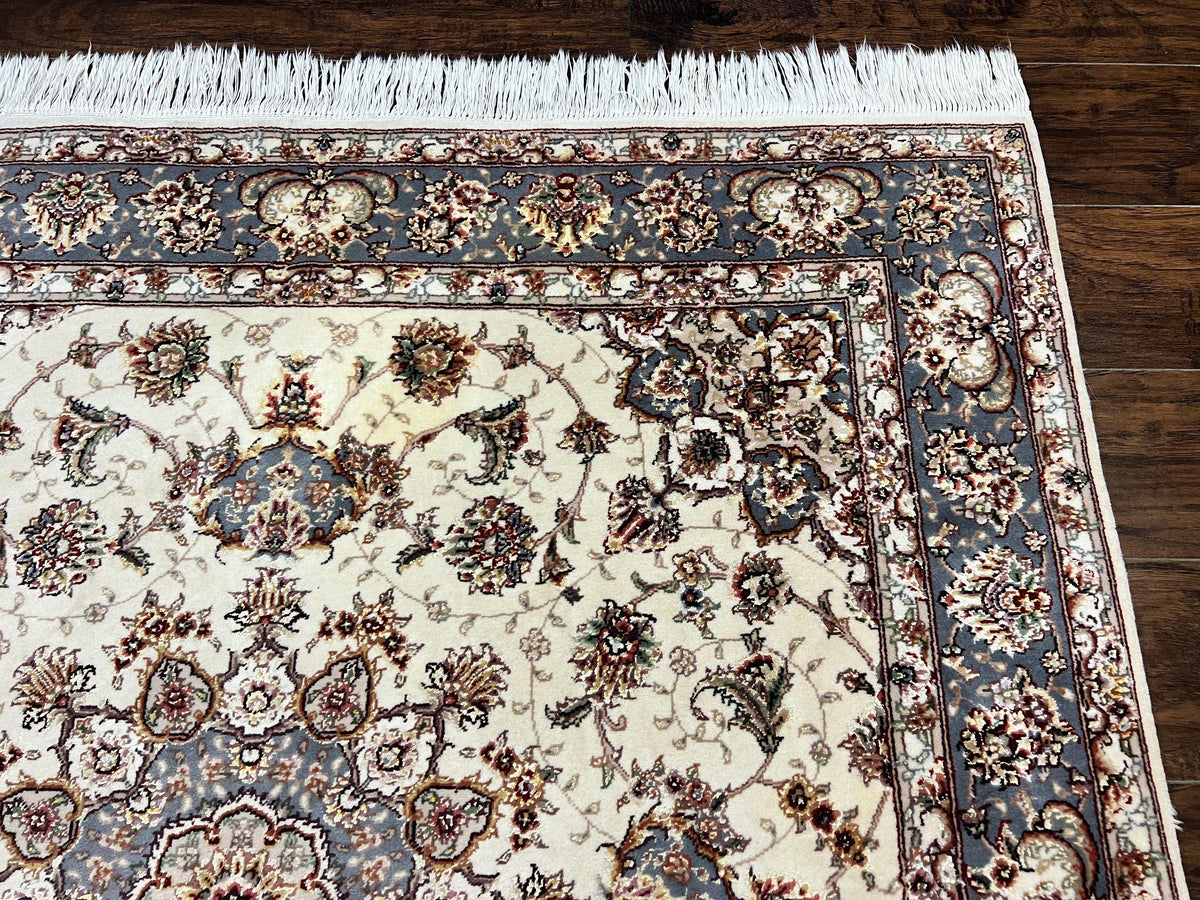 Sino Persian Square Rug 5x5, Very Fine Oriental Carpet, Wool & Silk Highlights, Ivory, Hand Knotted Handmade Vintage Traditional Rug - Jewel Rugs, view 8
