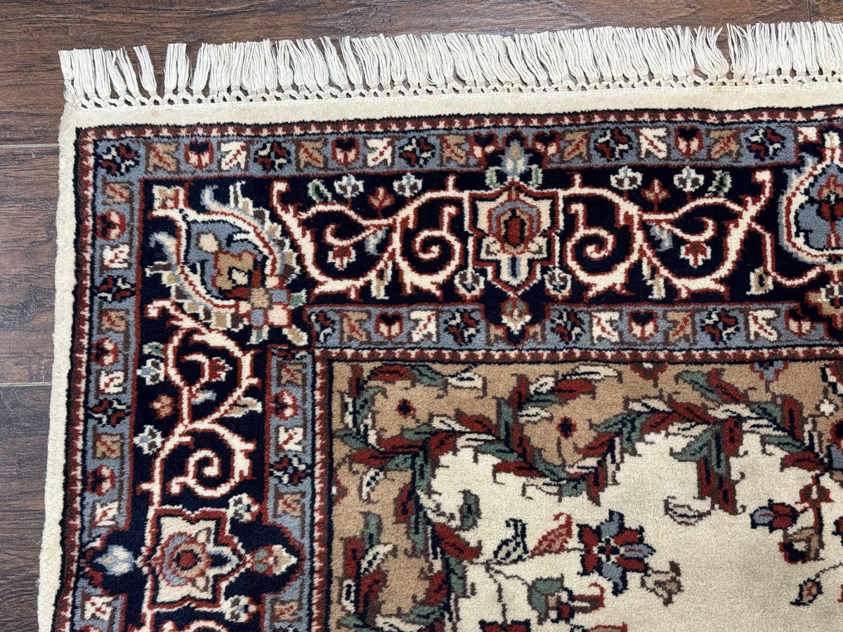 Indian Kashmiri Rug 4x6, Ivory Beige Navy Blue, Traditional Indo Persian Rug - Jewel Rugs, view 7