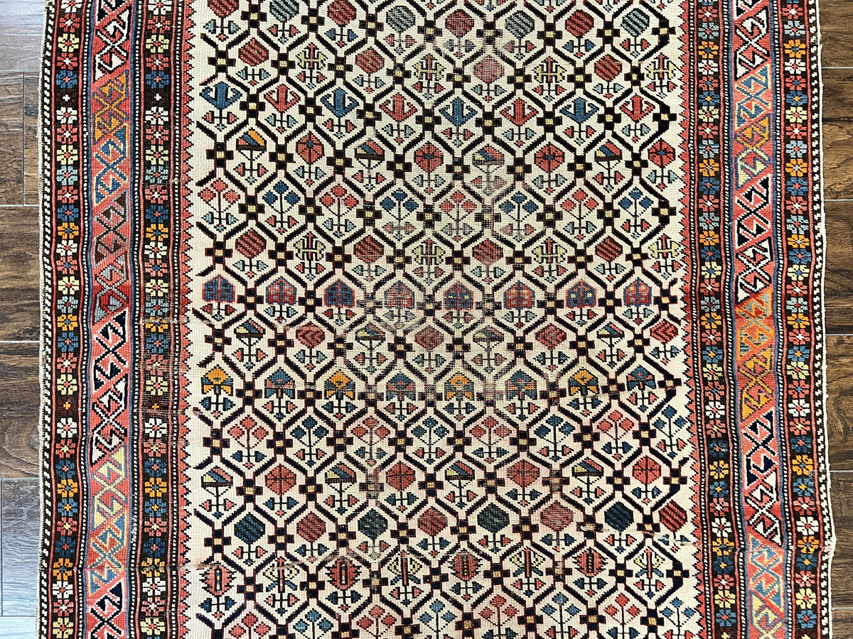 Antique Caucasian Rug 4x5, Hand Knotted Handmade Shirvan Oriental Carpet, Ivory Red Rug Allover Pattern, Rare Wool Rug, Tribal Geometric Rug - Jewel Rugs, view 10