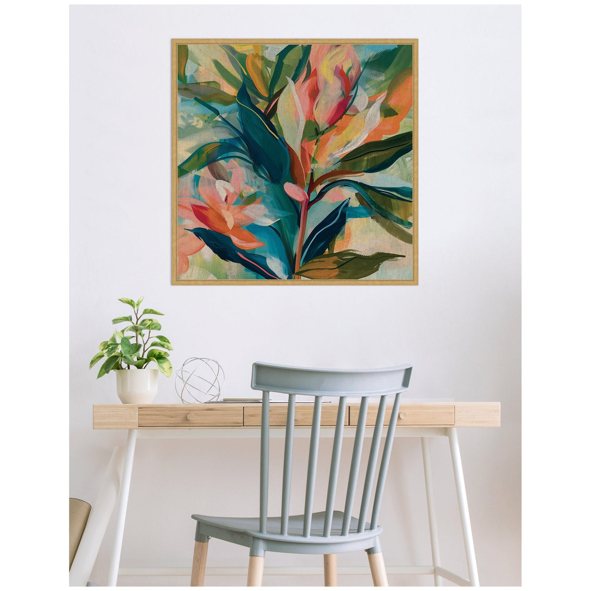 Sylvie Colorful Tropic Botanical Abstract Neutral Linen Framed Canvas by The Creative Bunch Studio