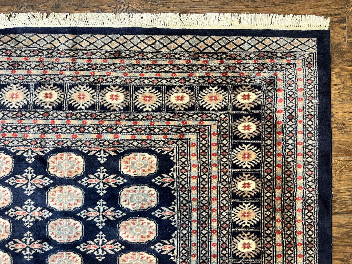 Pakistani Bokhara Rug 8x10, Turkoman Carpet, Dark Blue and Beige, Vintage Handmade Wool Carpet - Jewel Rugs, view 8