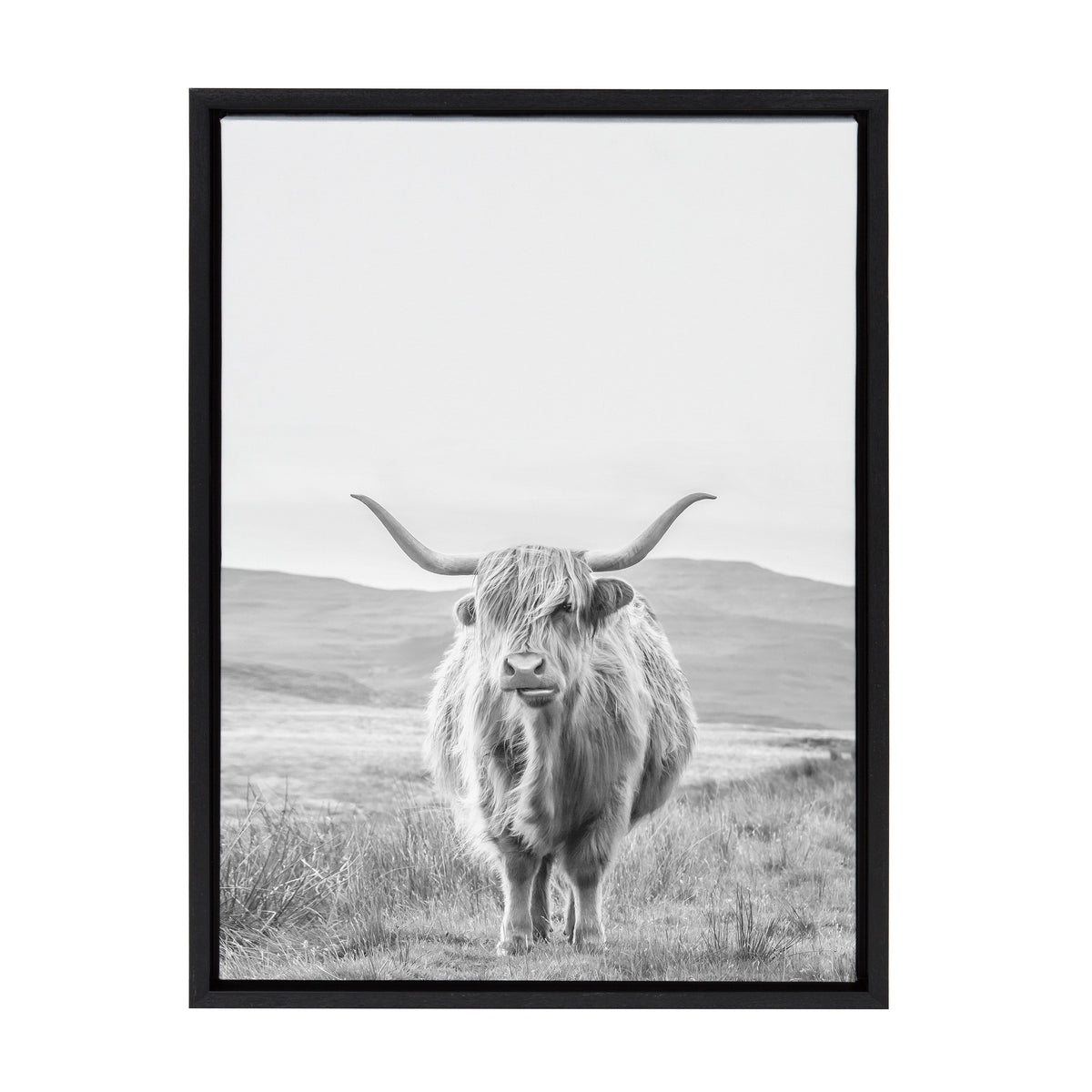 Sylvie Highland Cow Mountain Landscape Black and White Framed Canvas by The Creative Bunch Studio