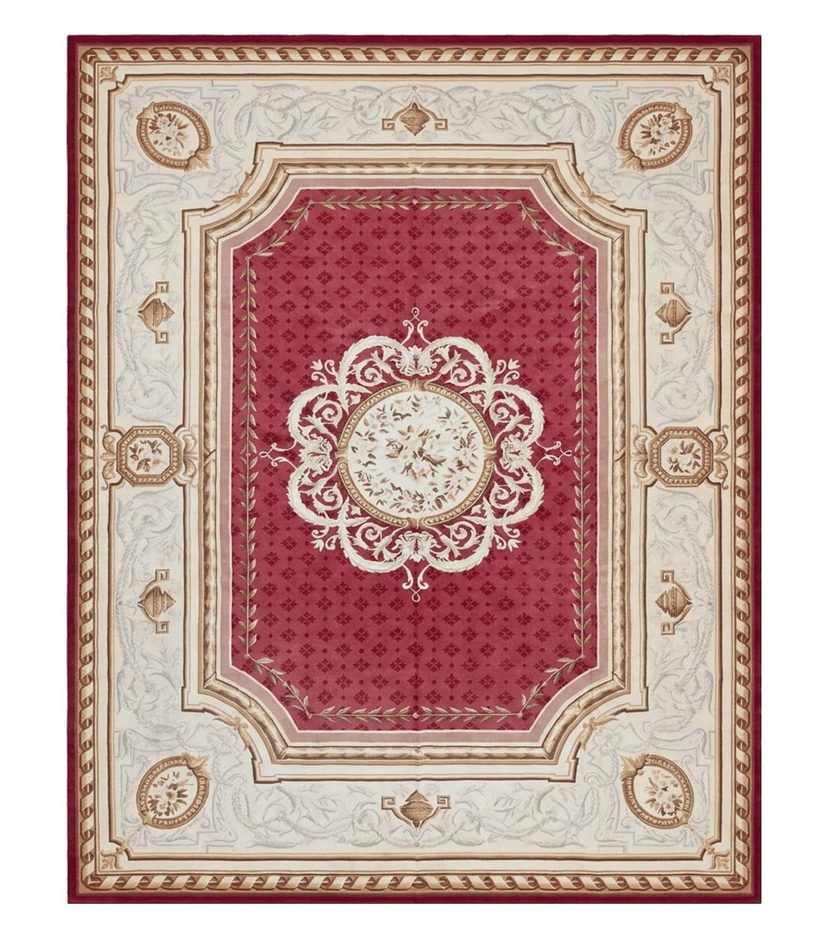 Aubusson Rug 9x12 ft, Red and Ivory Elegant Aubusson Carpet, Flatweave, Vintage Wool Handmade Area Rug 9 x 12, French European Design - Jewel Rugs