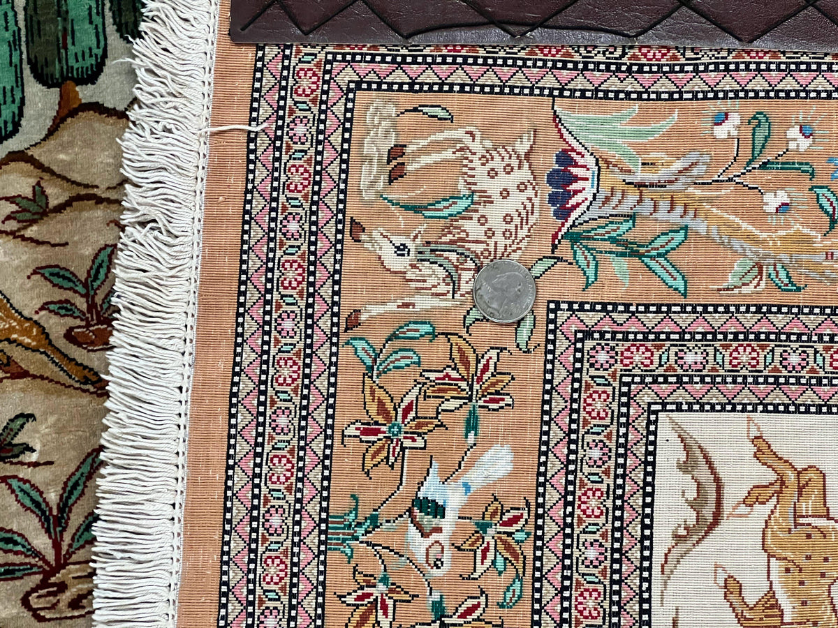Silk Persian Qum Rug 3x5, Hunting Pattern, Handmade Vintage Carpet, Signed by Master Weaver, Horsemen Pictorials, Super Fine 650 KPSI - Jewel Rugs, view 10