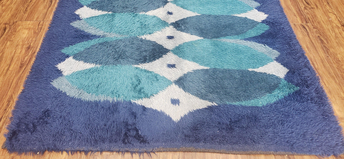 Blue Rya Rug, 1960s Mid-Century Modern Danish Shag Rug 4'6" x 6'7", Ege Rya, Abstract - Jewel Rugs, view 6