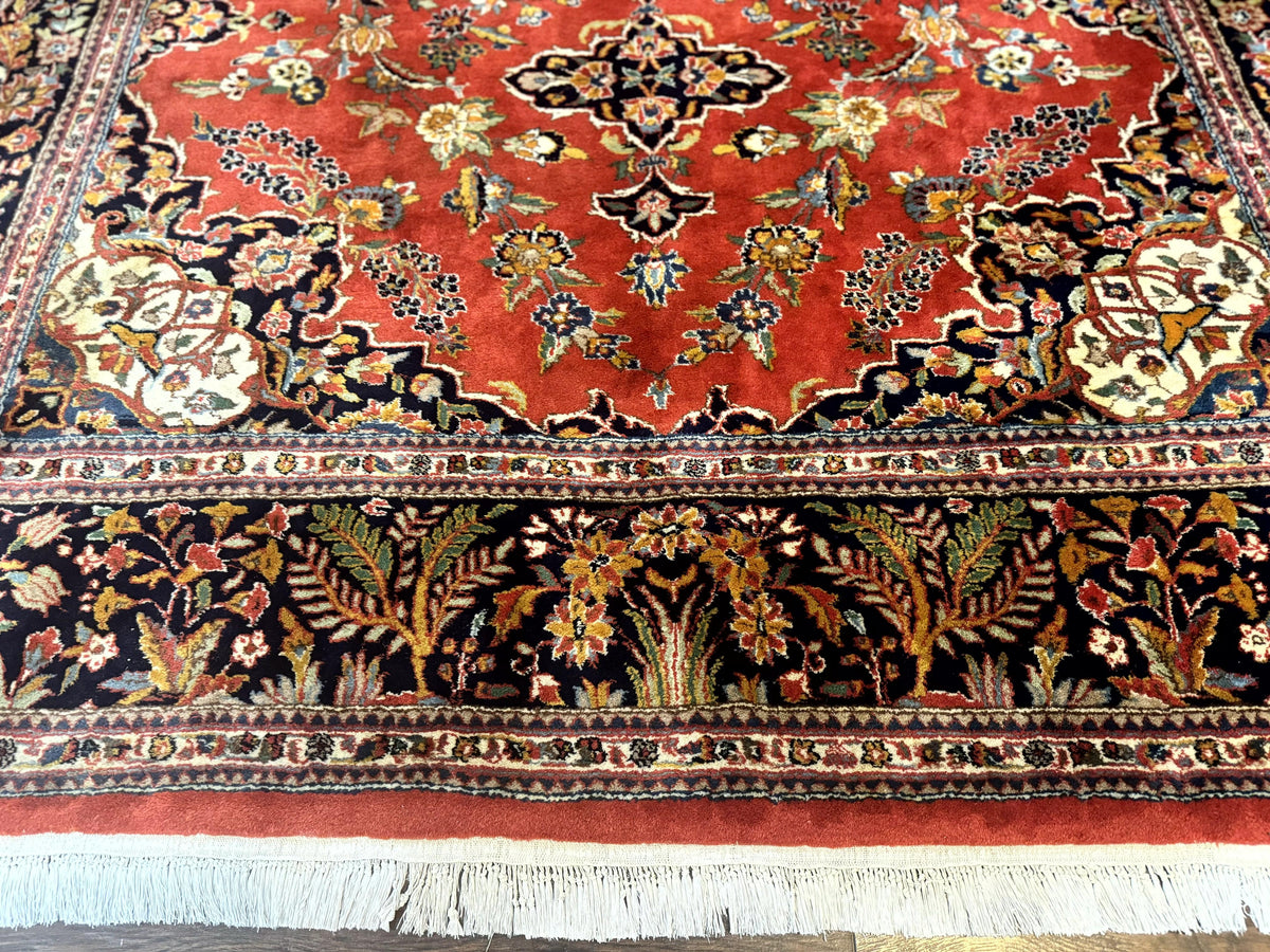 Indo Persian Rug 7x10, Vintage Handmade Wool Carpet, Floral Medallion Traditional Rug, Red and Midnight Blue - Jewel Rugs, view 10