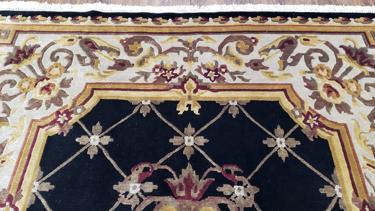 6x9 Nepalese Rug, Aubusson Savonnerie Area Rug 6 x 9 with Soft Pile, Hand-Knotted Wool Black & Beige Tibetan New Carpet European Design - Jewel Rugs, view 13