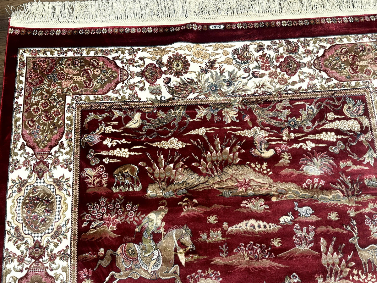 Turkish Silk Hunting Design Rug 4x6, Dark Red & Ivory, Bamboo Silk, New - Jewel Rugs, view 5