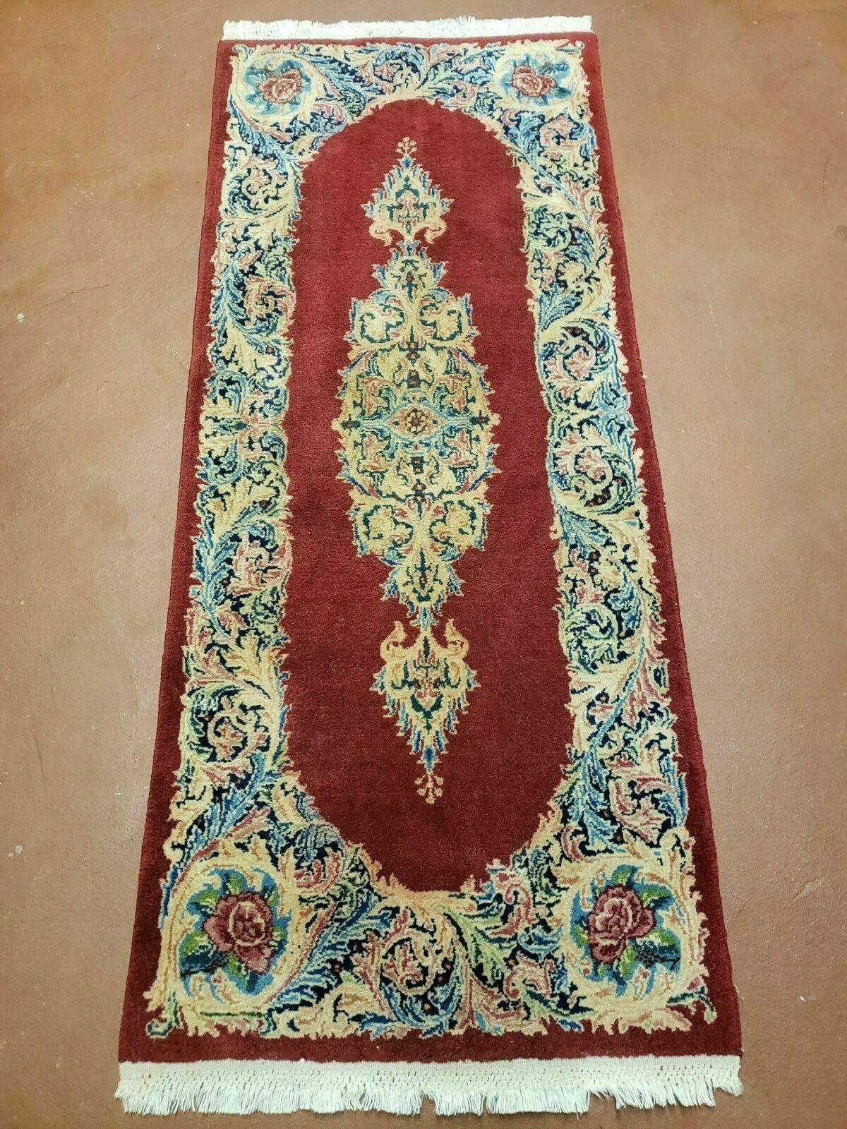 Small Persian Kirman Rug 2x4, Wool Oriental Vintage Handmade Carpet, Hand Knotted Floral Medallion, Red & Beige, Semi Open Field - Jewel Rugs, view 2
