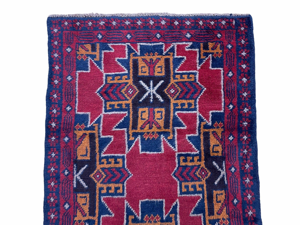 2' 8" X 4' 6" Vintage Handmade Tribal Wool Rug Balouchi Rug Afghan Rug Red Blue - Jewel Rugs, view 4